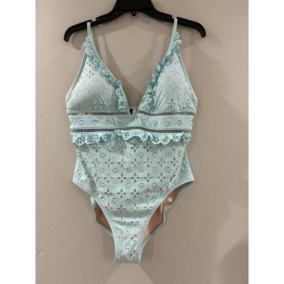 J.Crew Swimsuit Scallop Ruffle Eyelet One Piece plunging size 14 color Teal - Picture 2 of 7